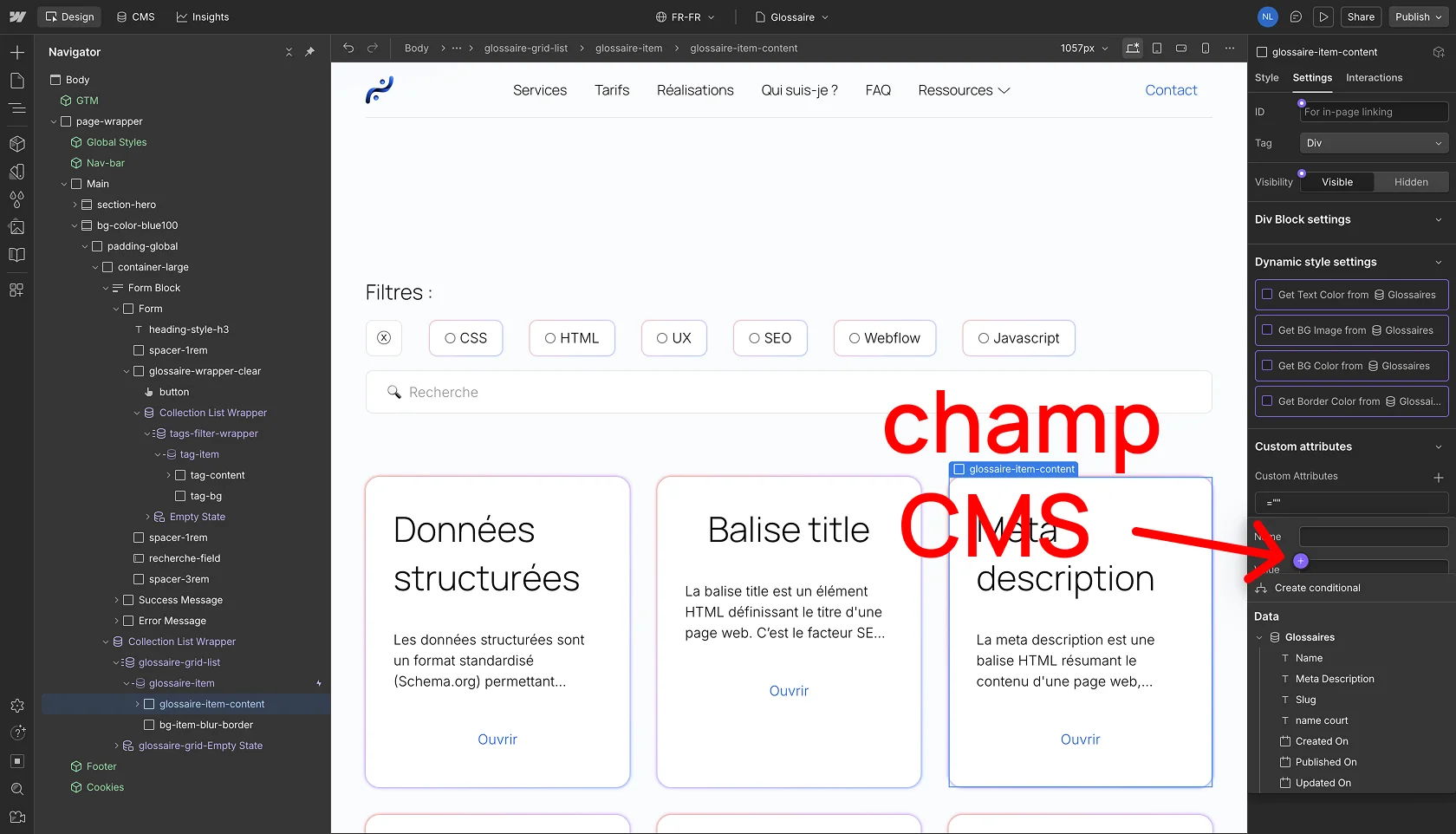 Comment lier un champs CMS dans un custom attribute Webflow