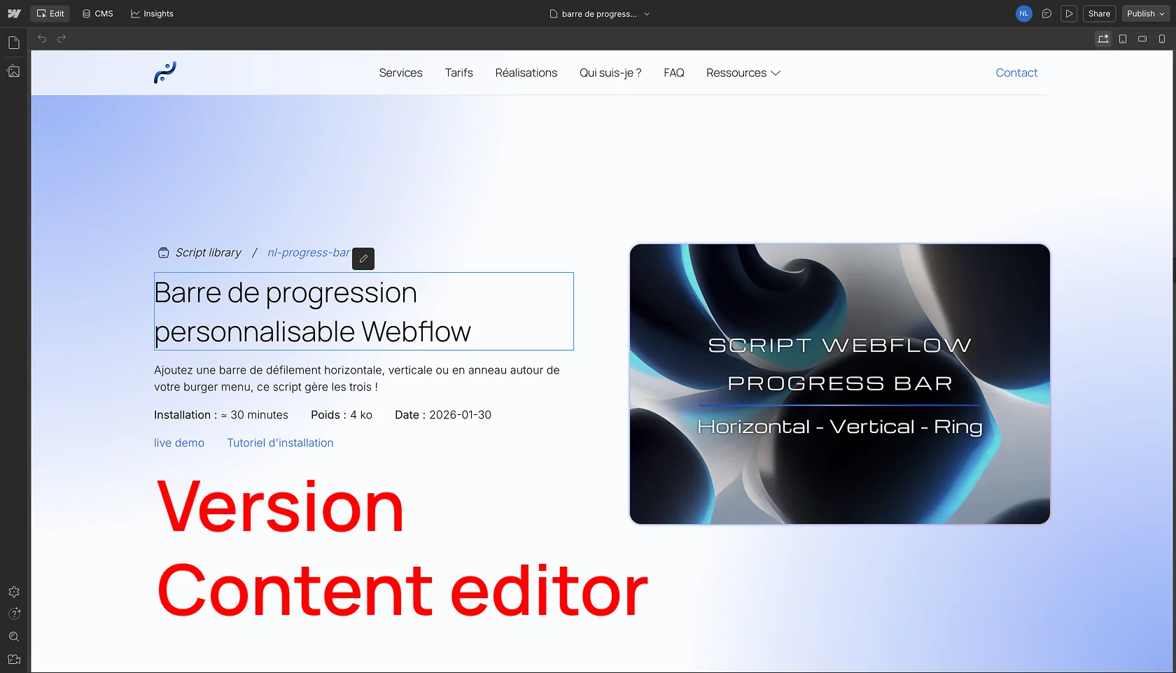 Nouvelle interface webflow du mode content editor