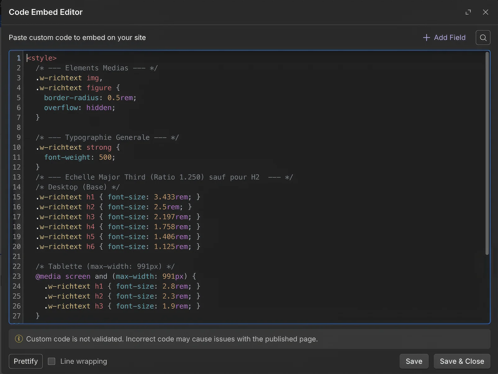 Custom code Webflow en CSS pour échelle typographique Major Third