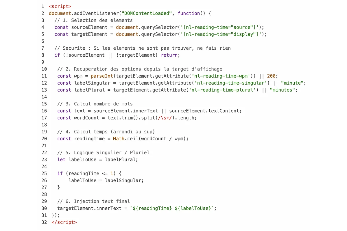 Image d'un script qui affiche un temps de lecture sur un blog webflow