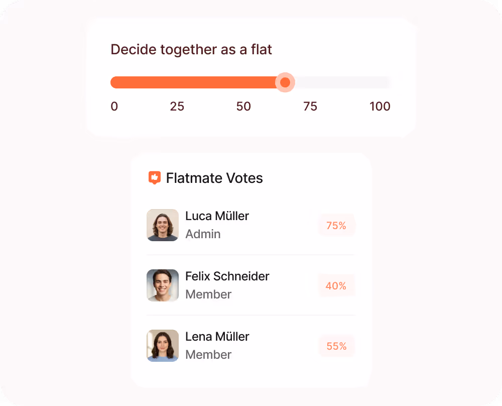 App screen showing a slider control with details to select a decision by different Members of flat on vote basis