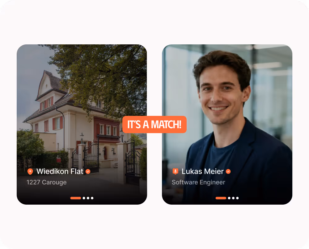 App screen with Left panel shows a Flat, right panel shows profile of man with their mutual match state.