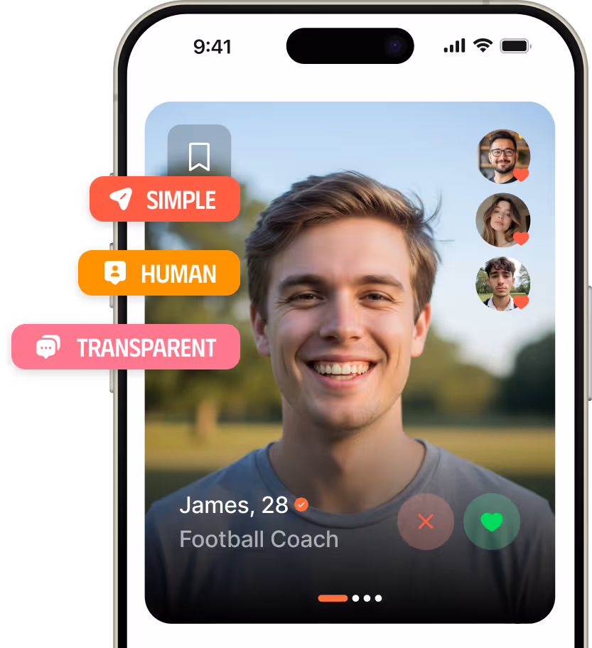 Profile of a man for roommate matching in app interface with like and dislike buttons and labeled tags 'Simple,' 'Human,' and 'Transparent.'