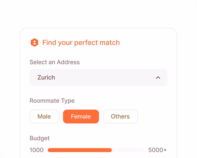 Roommate search form with address field, roommate type options Male, Female (selected), Others, and a budget slider.