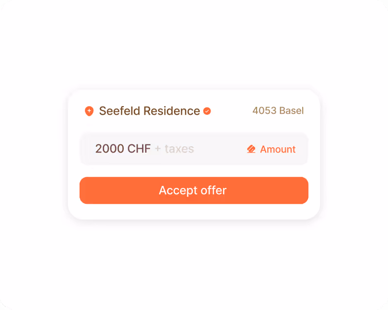 User interface card showing rental offer for a flat with amount plus taxes and an orange 'Accept offer' button.