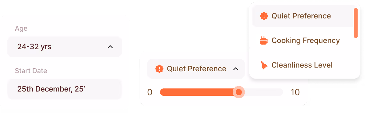 User interface filters showing age range, start date December 25, and adjustable quiet preference slider with options for cooking frequency and cleanliness level.