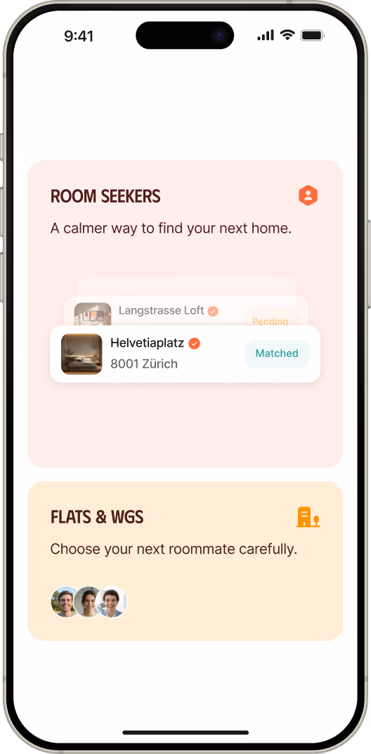 App UI screen showing two sections: 'Room Seekers' with a flat listing marked Matched, and 'Flats & WGs' with three profile pictures to choose your next roommate.