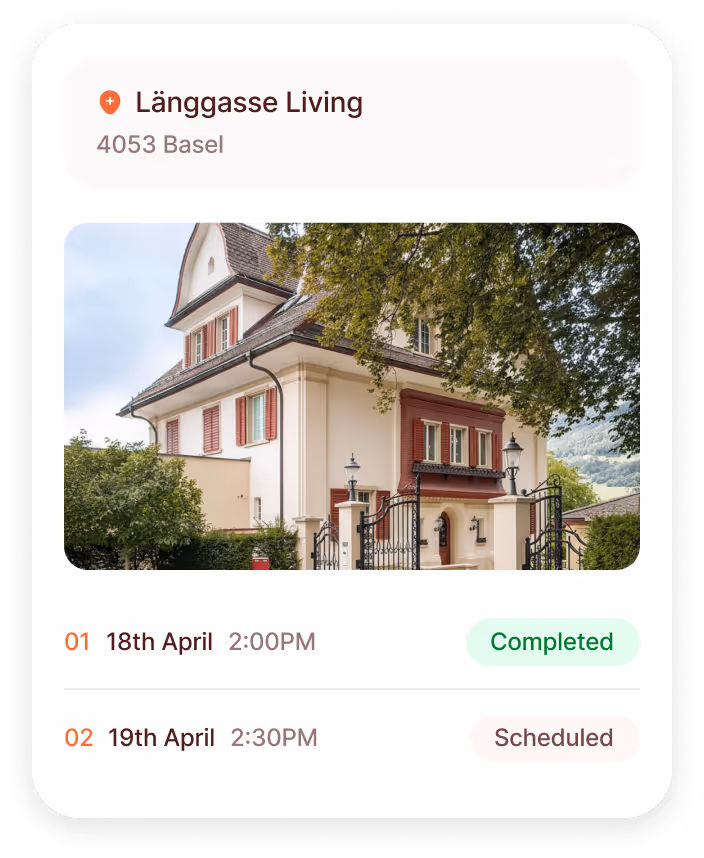 App UI showing Listing  of a large cream-colored house with red shutters, scheduled viewing dates with statuses Completed and Scheduled.
