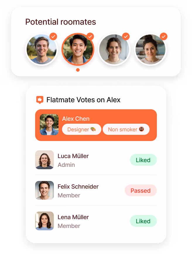 User interface for potential roommates showing four profile photos with three selected, accompanied by flatmate votes on a profile highlighting attributes