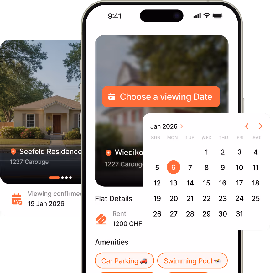 Mobile screen of flatable app with a calendar for selecting date in for booking and flat details listing rent and amenities.