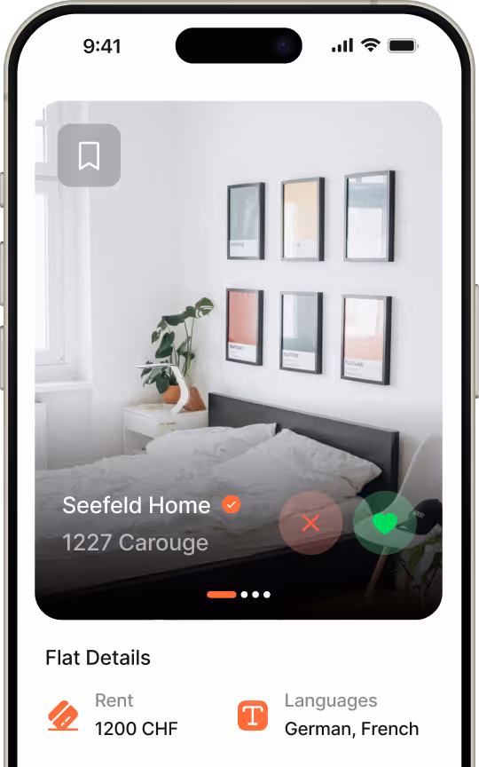 App ui screen showing single-story house with name, address, rent and languages