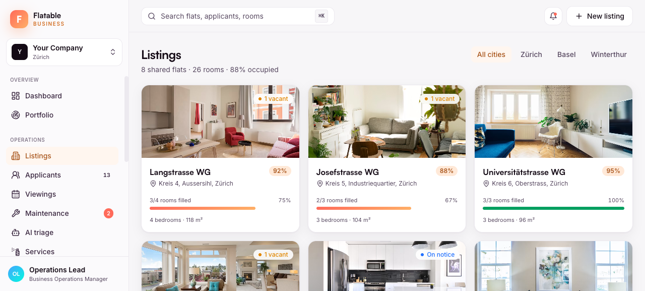 Operator view of a room portfolio showing which rooms are let and which are being filled. Illustrative example with invented data.