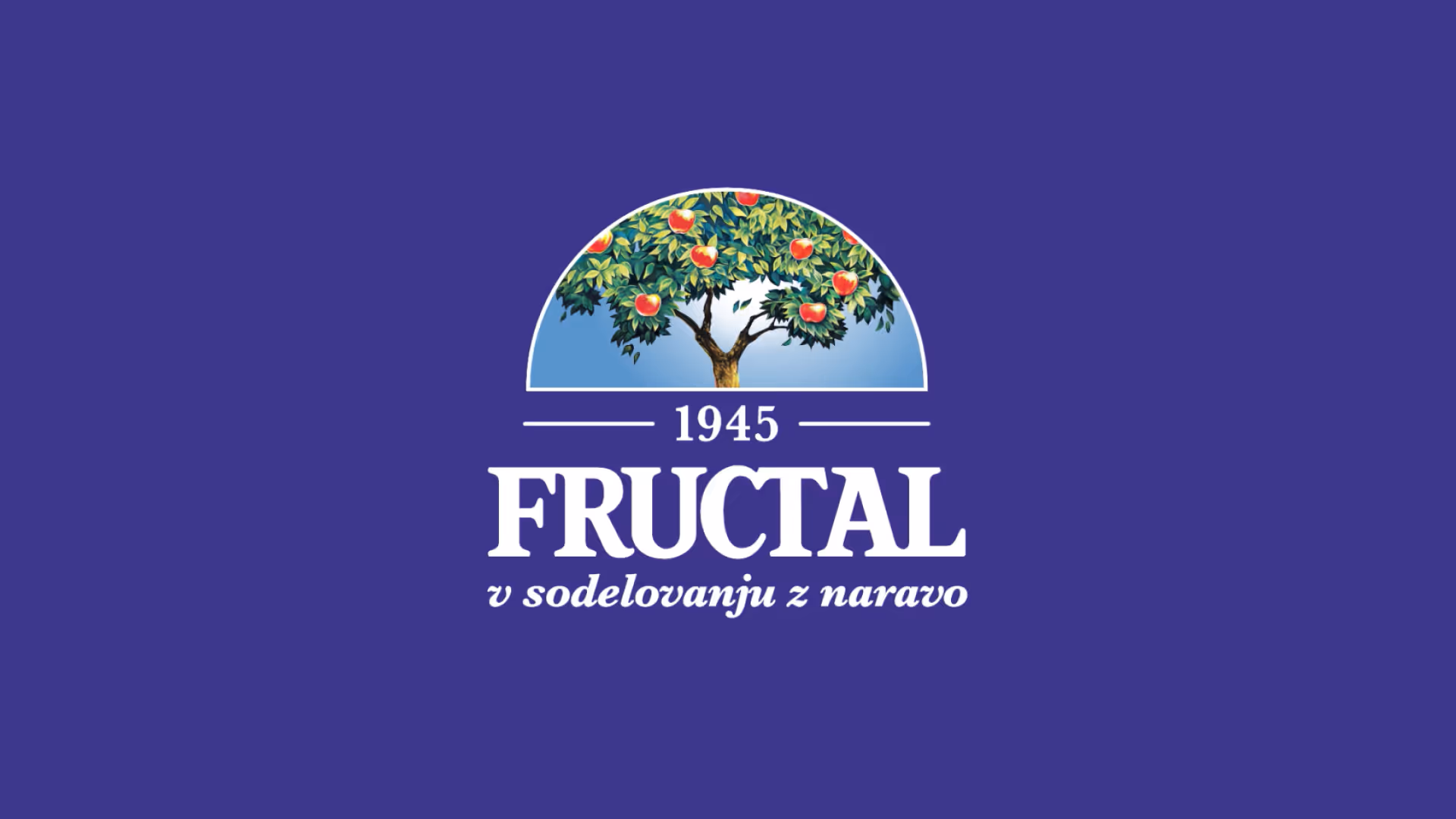 Fructal logo with an apple tree and the year 1945 on a purple background.