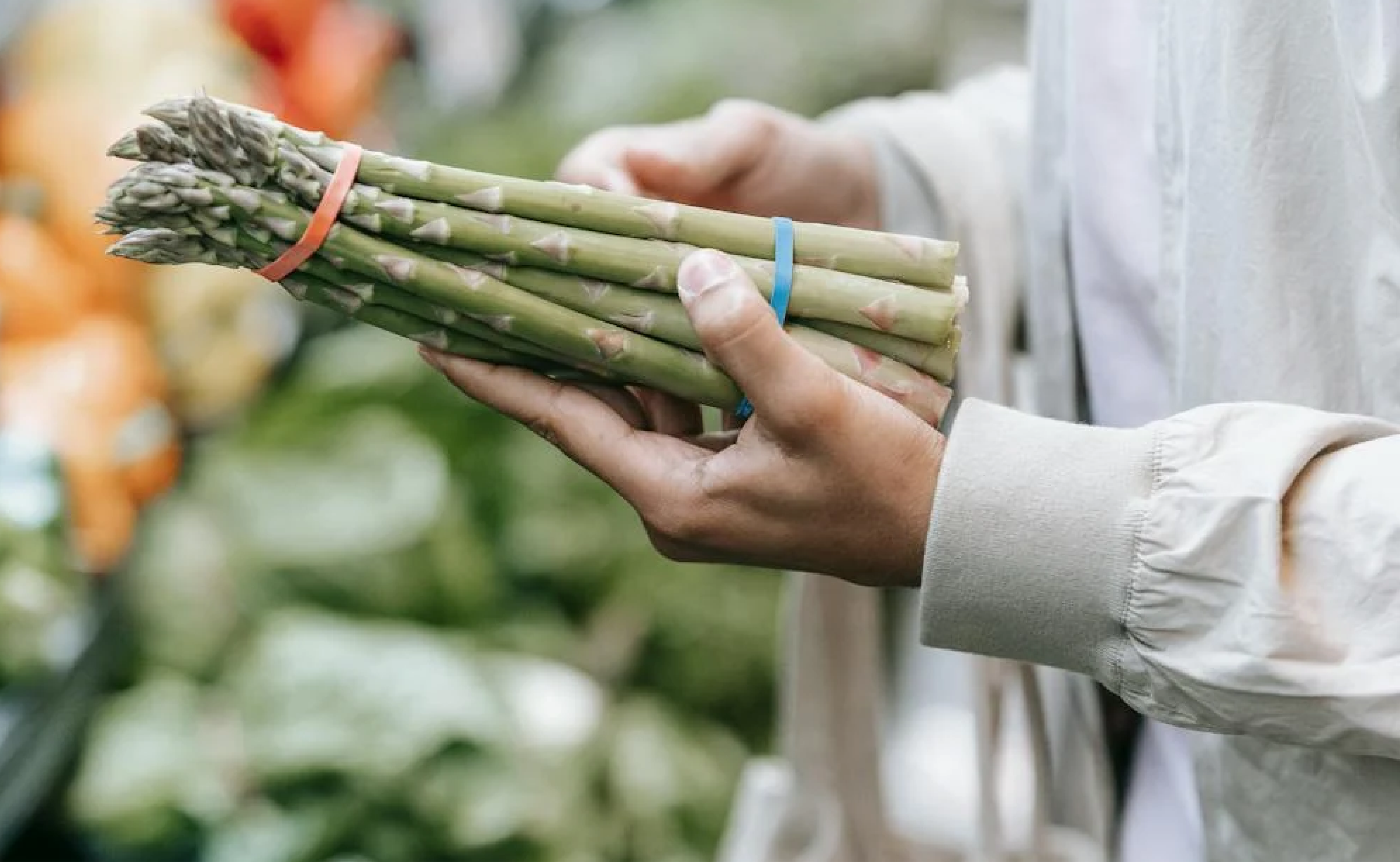 A person holding a bundle of fresh asparagus spears secured with rubber bands, with a background of various vegetables at a market, indicating a fresh and healthy food selection.