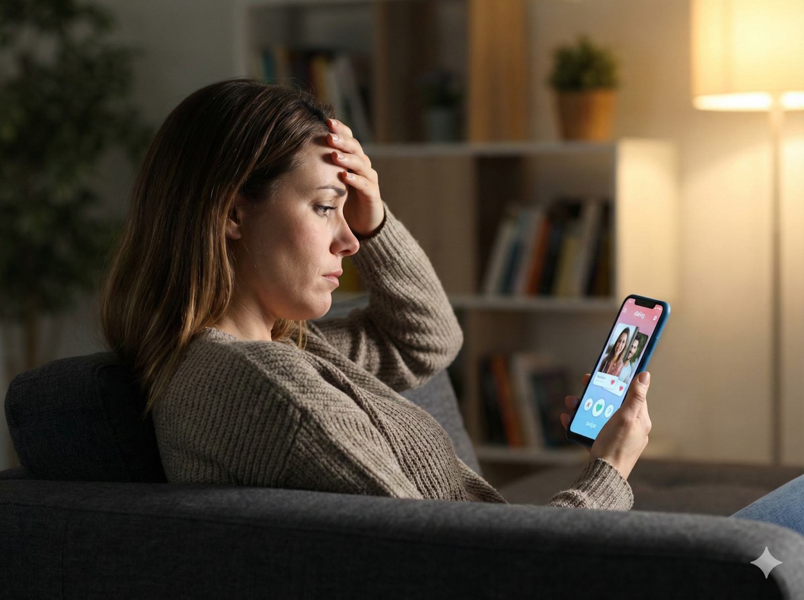 Tired person experiencing dating app burnout while swiping on phone