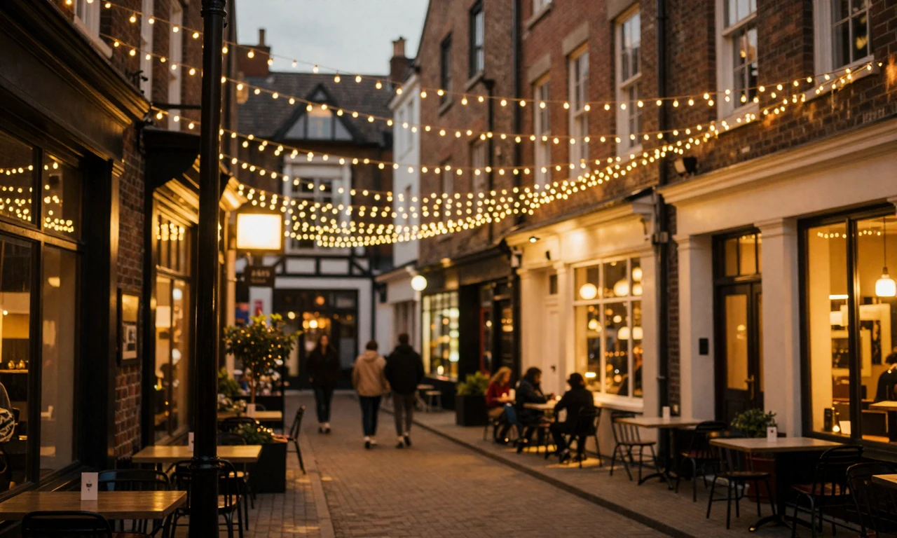 Romantic neighborhood atmosphere with warm lighting