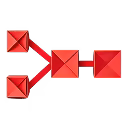 Red cubic shapes connected by black lines forming a branching workflow diagram.