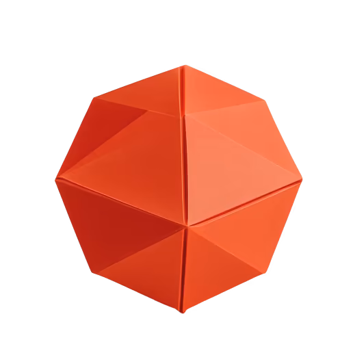 Red geometric polyhedron with multiple triangular faces on a black background.