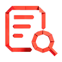 Red 3D icon of a document with a magnifying glass symbol.