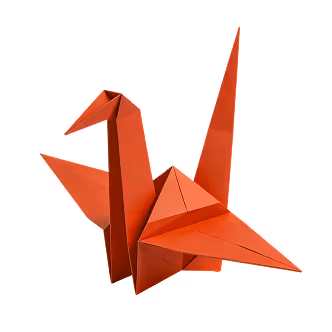 Red origami crane with detailed folds on a black background.