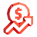 Red 3D icon of a dollar sign with a downward arrow and an upward arrow next to it.