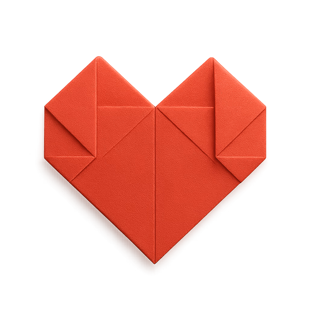 Red origami heart made from folded paper against a dark gradient background.