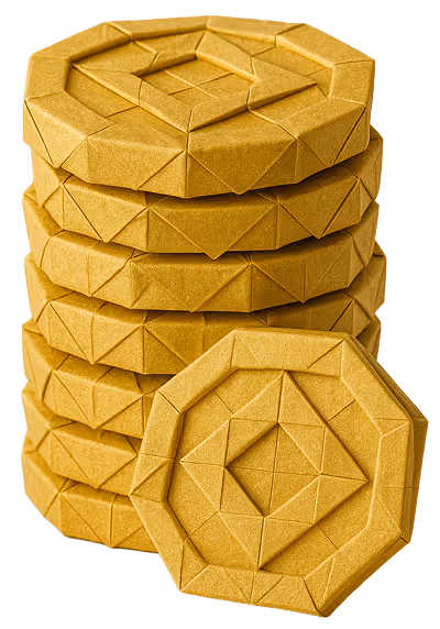 Stack of seven golden origami coins with one coin leaning against the stack.