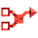 Red geometric shapes connected by a red arrow pointing to the right, symbolizing routing or direction.