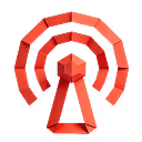 Red stylized wireless signal icon with concentric arcs and a triangular base.