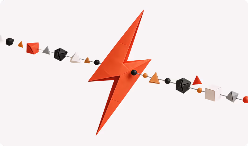Red lightning bolt surrounded by a horizontal chain of various small geometric shapes in black, white, orange, and gray on a light background.