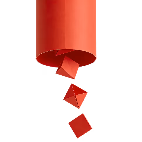 Red funnel shape with three red geometric shapes falling out of it against a black background.