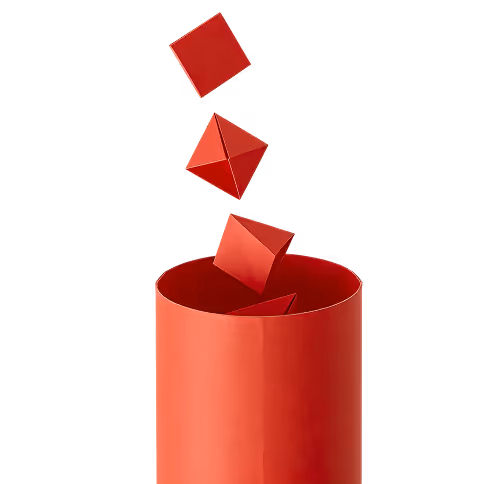 Red 3D geometric shapes falling into a red cylindrical container against a black background.