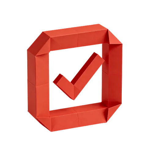 3D red checkmark symbol inside a red square frame.