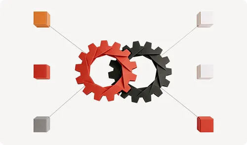 Two interlocking gears, one red and one black, connected by lines to six colored cubes on a light background.