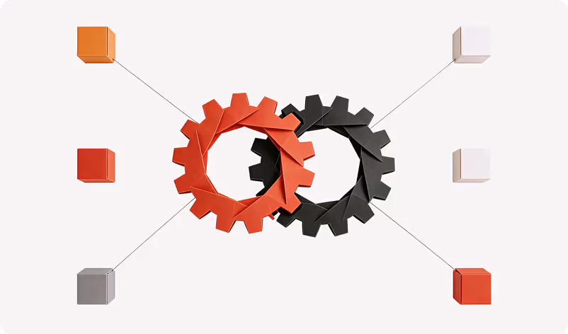 Two interlocking gears, one red and one black, connected by lines to six colored cubes on a light background.