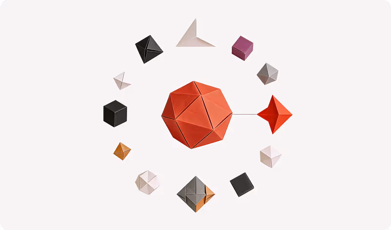 Arrangement of various colorful polyhedral shapes in a circle with a larger red polyhedron in the center connected to a red arrow shape.