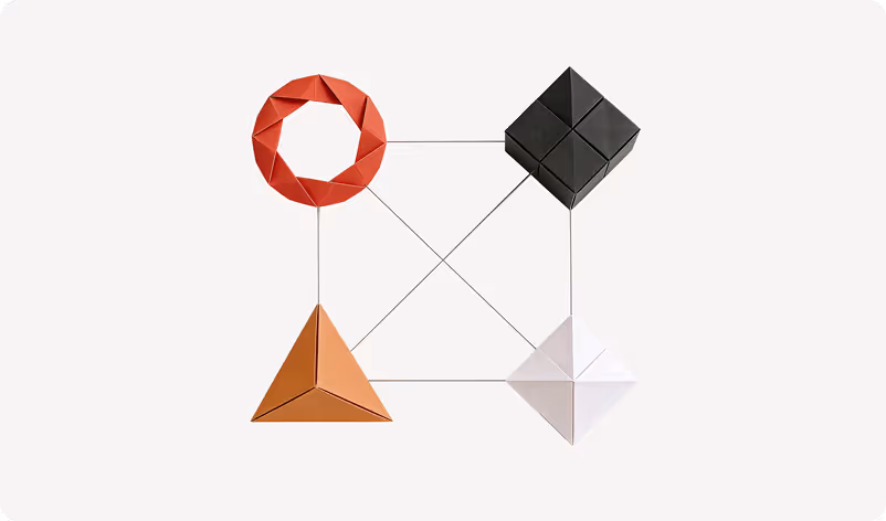 Geometric shapes including a red hexagonal ring, black square divided into four triangles, orange triangular pyramid, and white inverted triangular pyramid connected by thin lines in a square layout.