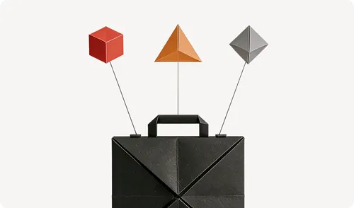 Black briefcase with three geometric shapes—a red cube, an orange pyramid, and a gray octahedron—floating above it connected by thin lines.
