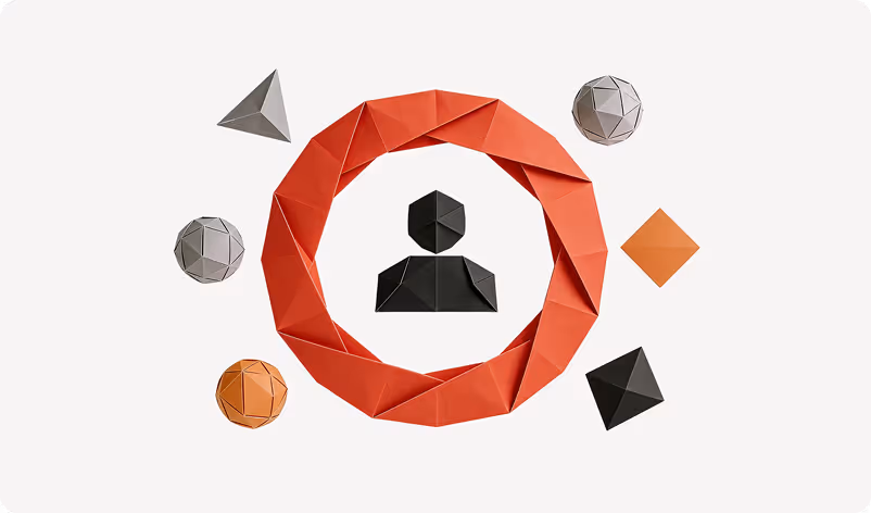 Origami-style geometric shapes with a black person icon in the center surrounded by a red circular folded paper ring and various polyhedrons.