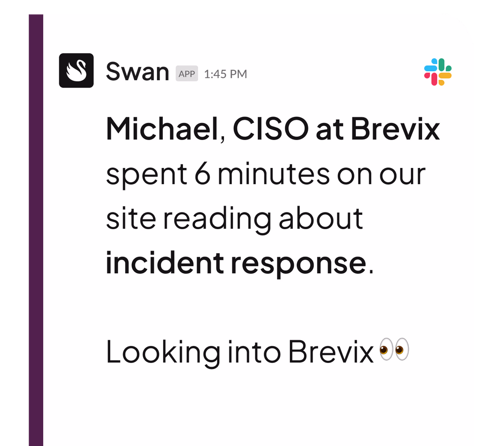 Slack message from Swan app shows Michael, CISO at Brevix, spent 6 minutes reading about incident response, with eyes emoji.