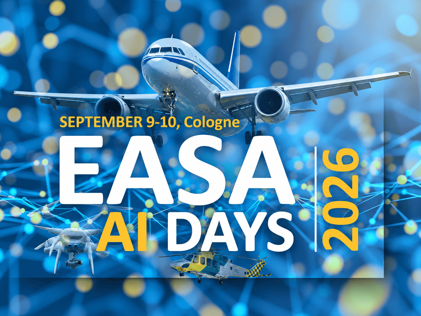 EASA AI Days 2026 in Cologne, featuring an airliner, helicopter and drone against a digital aviation background.