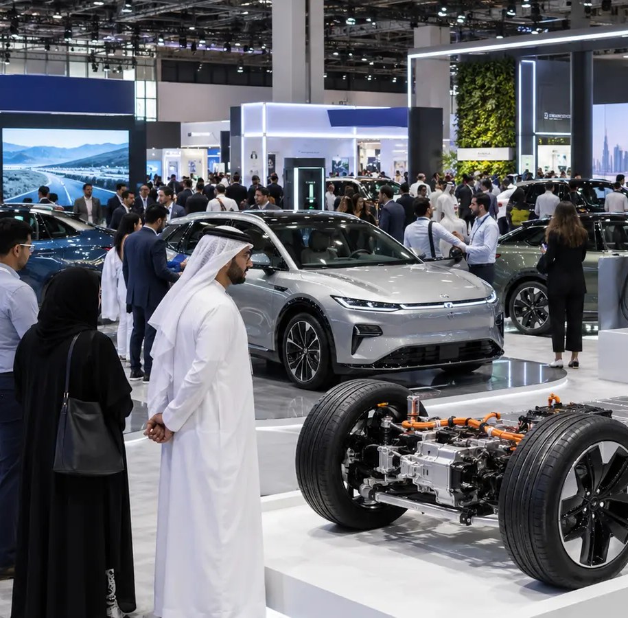 Visitors looking at electric cars and an EV chassis at an electric vehicle exhibition in Dubai