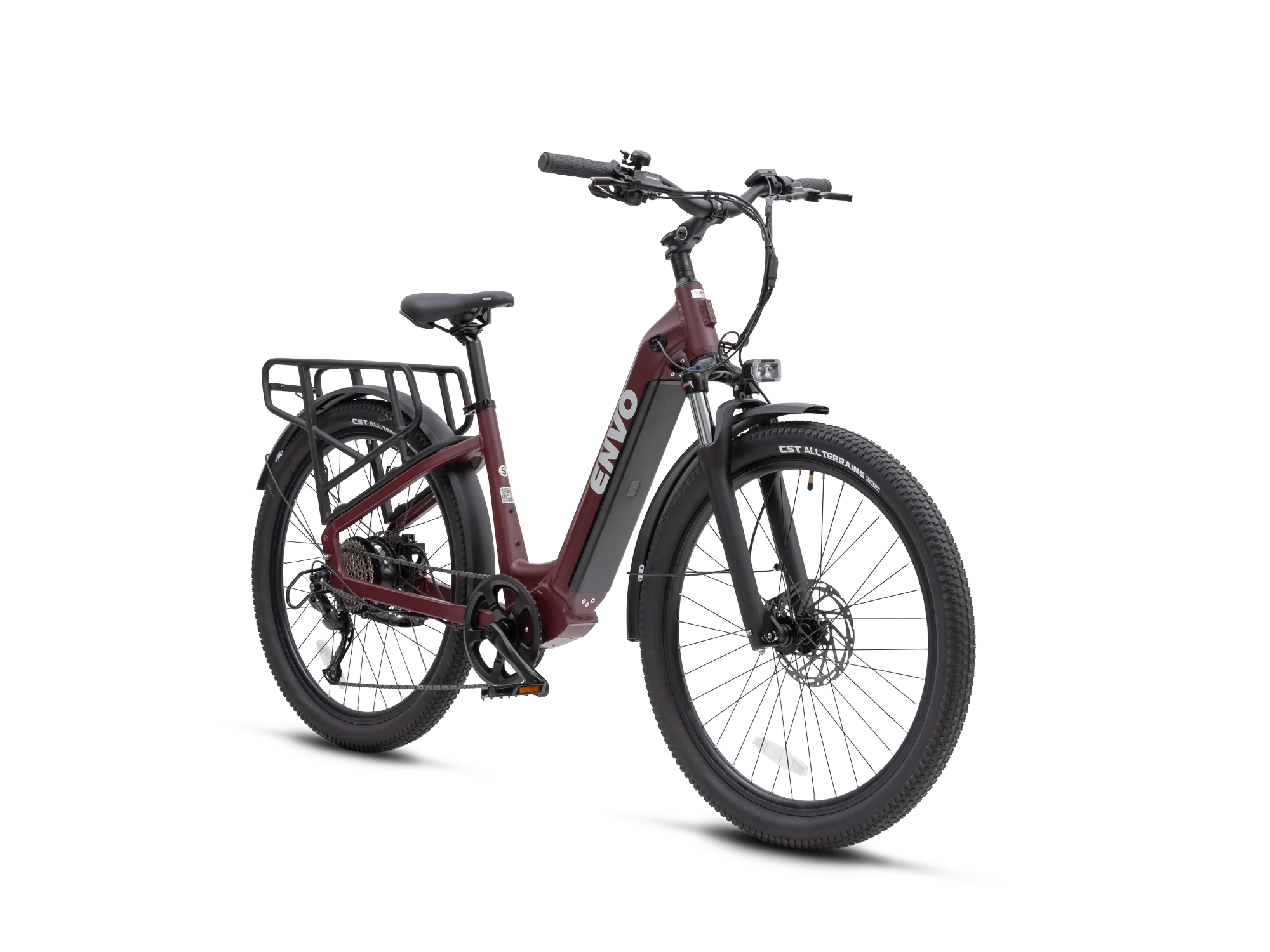 ENVO ST50 Large Maroon step-through electric bike, front three-quarter view