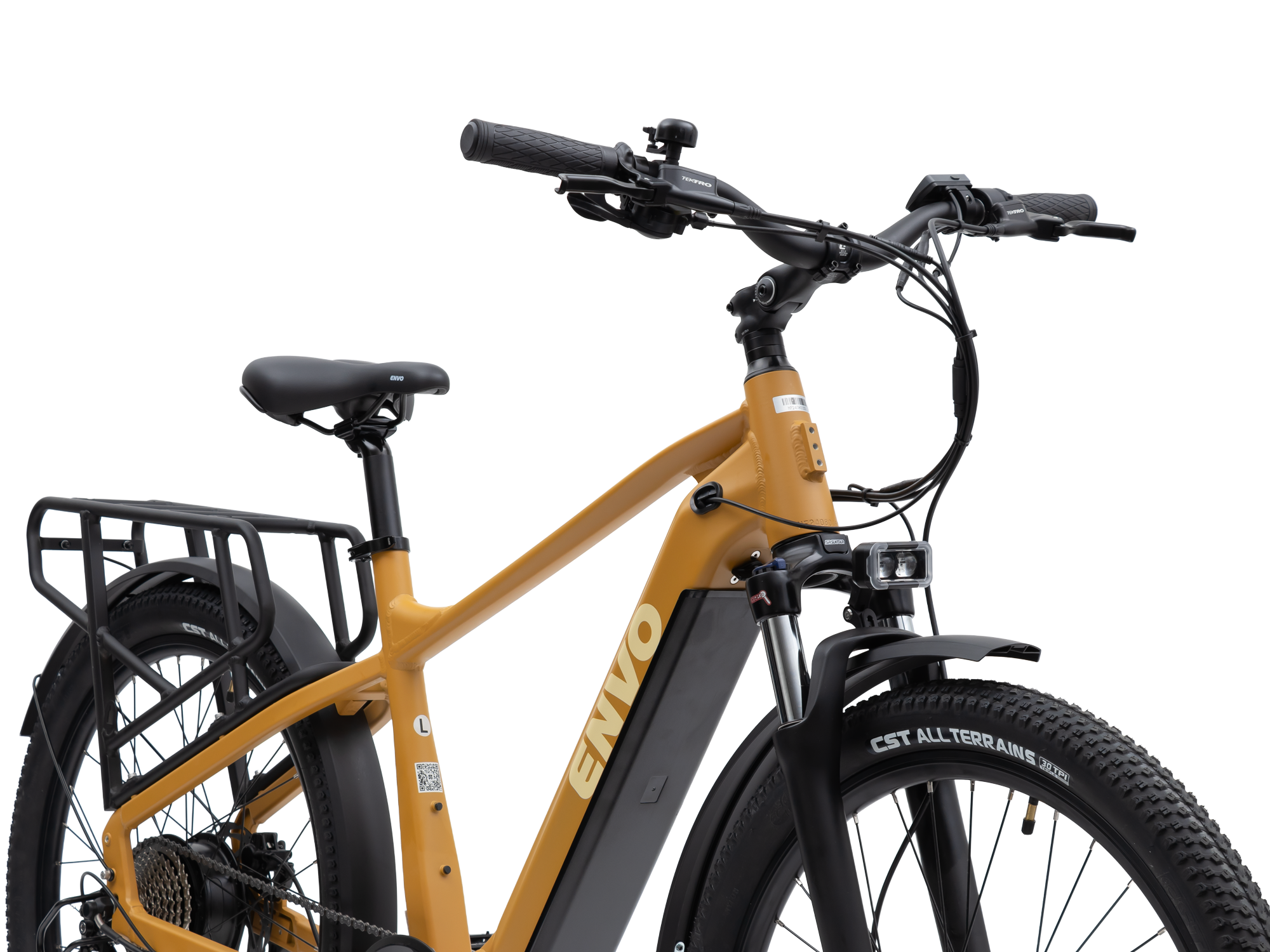 Front of the ENVO D50 Large Mustard e-bike with suspension fork and headlight