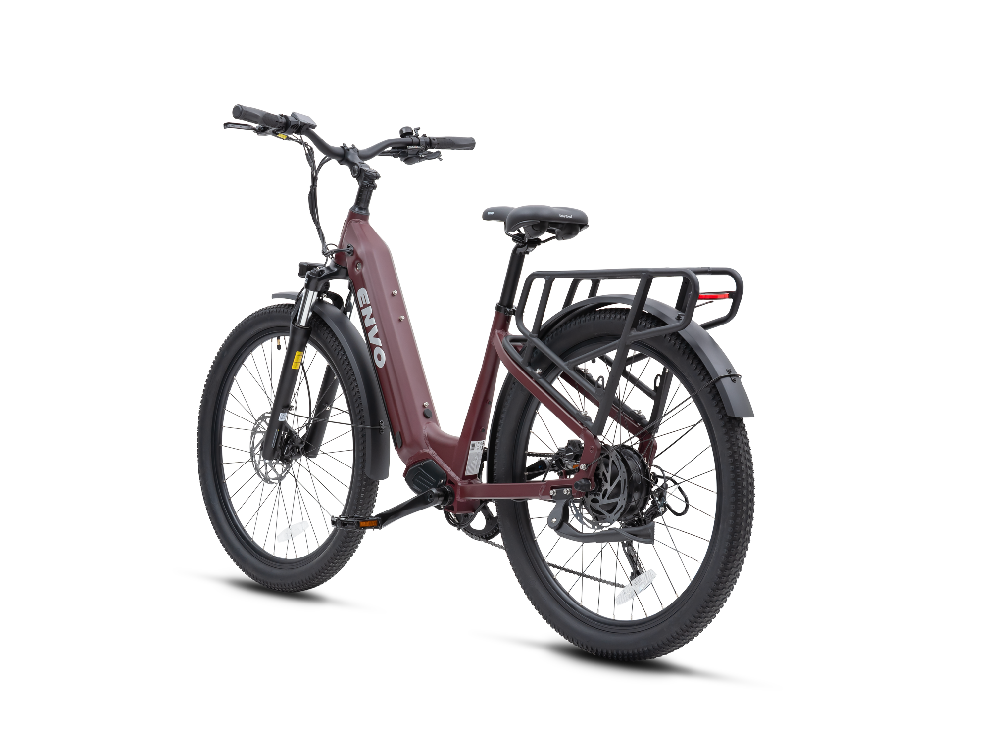 ENVO ST50 Large Maroon step-through electric bike, rear three-quarter view