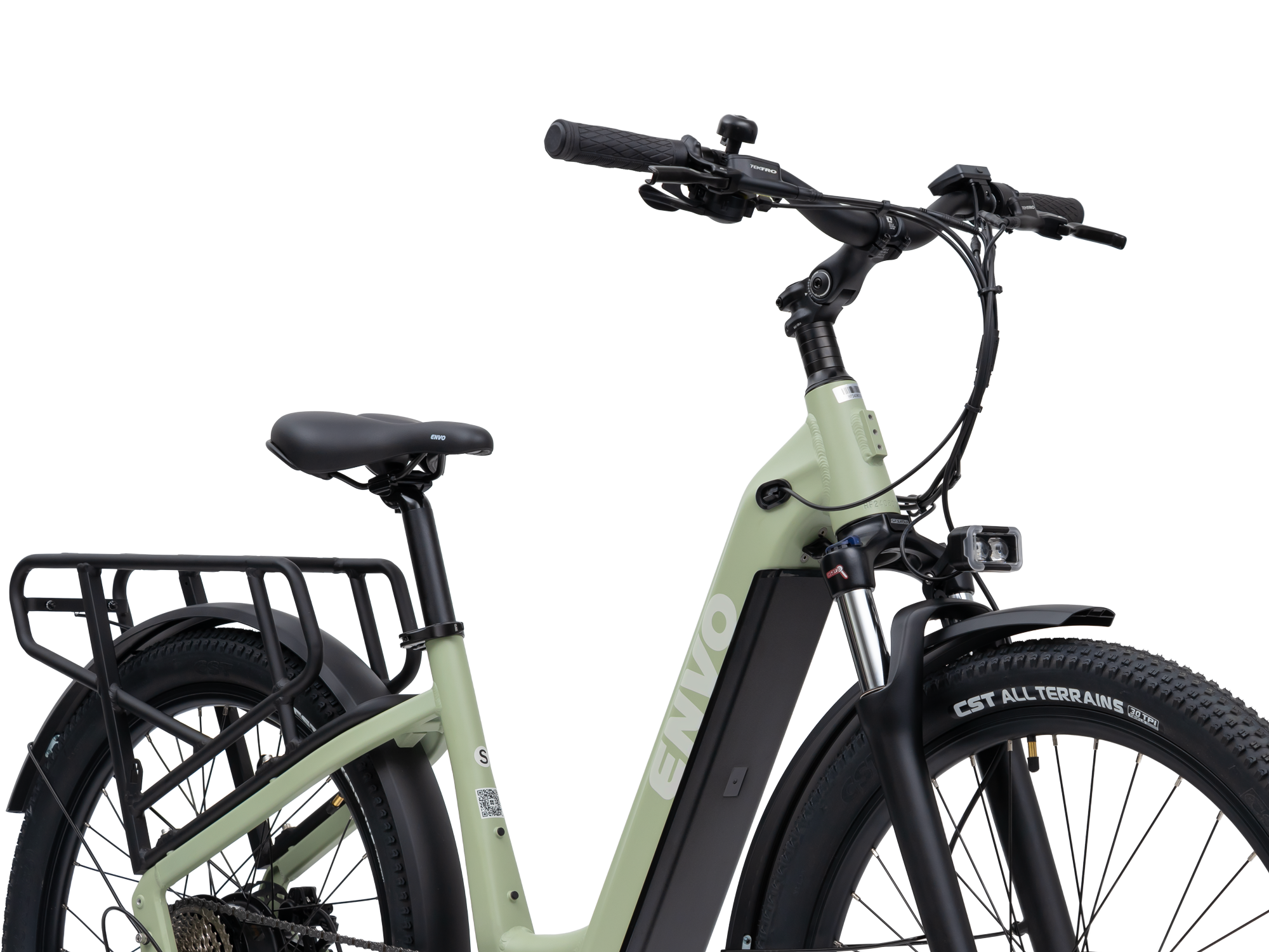 Front of the ENVO ST50 Small Cactus e-bike with suspension fork and headlight