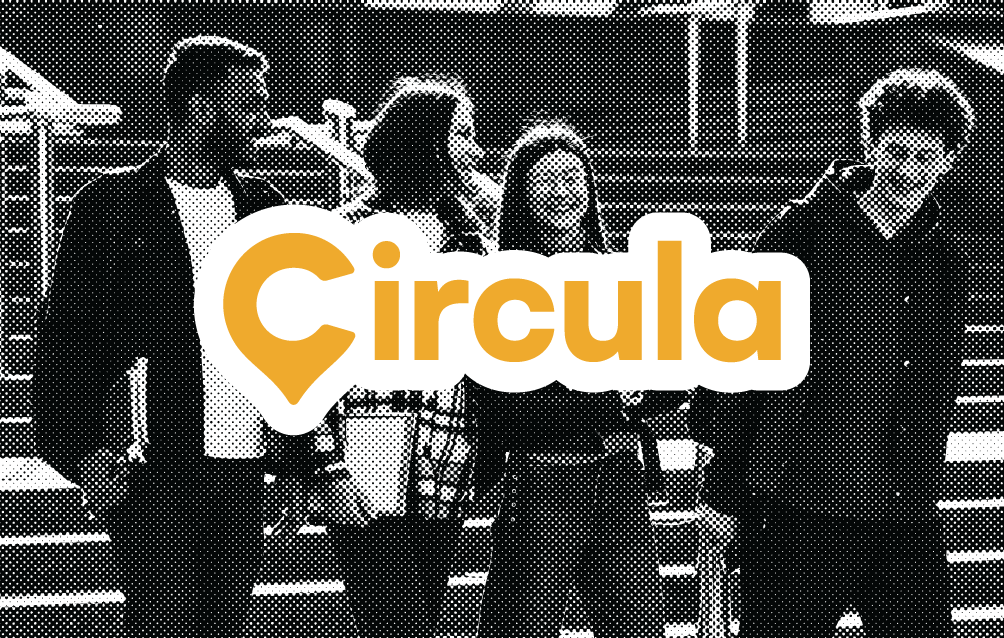 Stylized black-and-white halftone image of four young adults standing and chatting on steps with the word 'Circula' in bold orange letters overlaid.