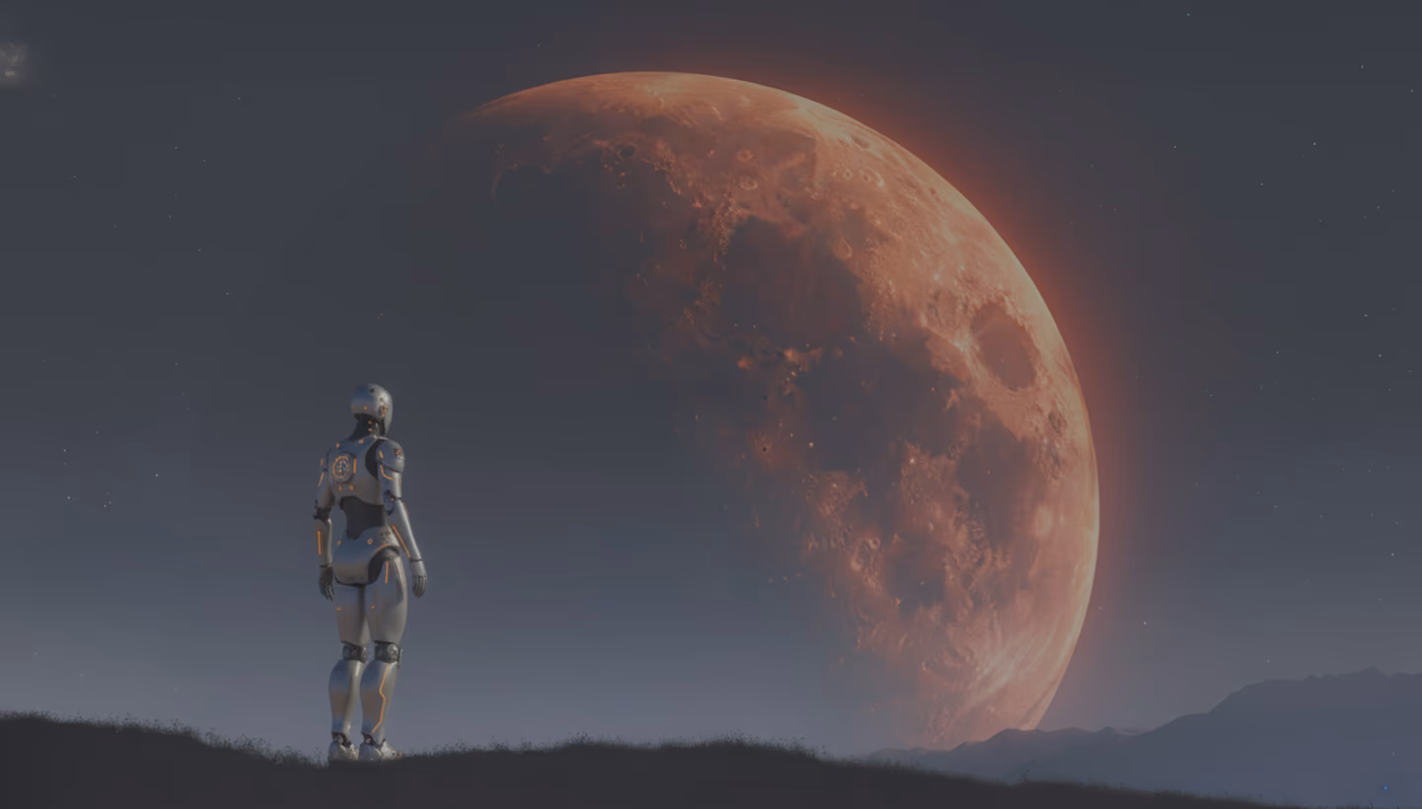Un robot futuriste debout sur une colline regardant une grande lune rouge dans un ciel étoilé nocturne.
