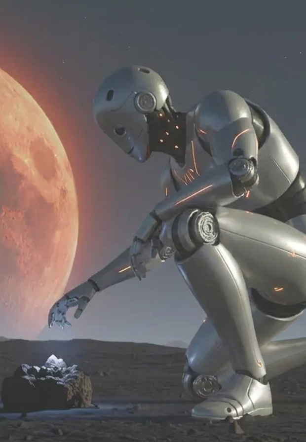 Un robot argenté avec des lumières orange touche un cristal brillant sur un rocher sous une grande lune rouge dans un paysage extraterrestre.