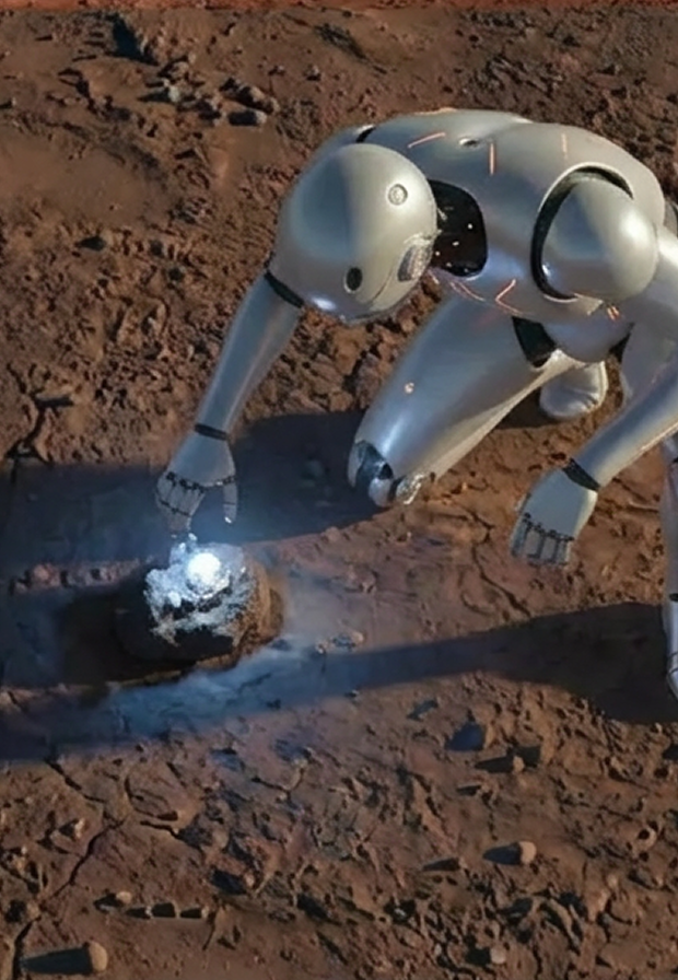 Un robot argenté s'agenouille sur un sol de terre rouge en train de toucher une petite roche brillante émettant de la lumière bleue.